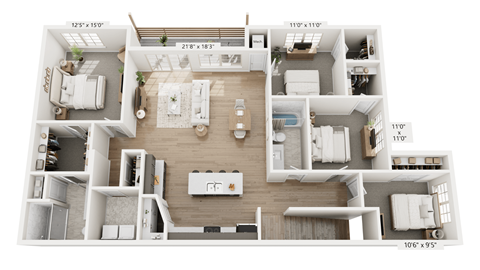 Floor plan for 4 beds, 2 baths, 1613 sqft